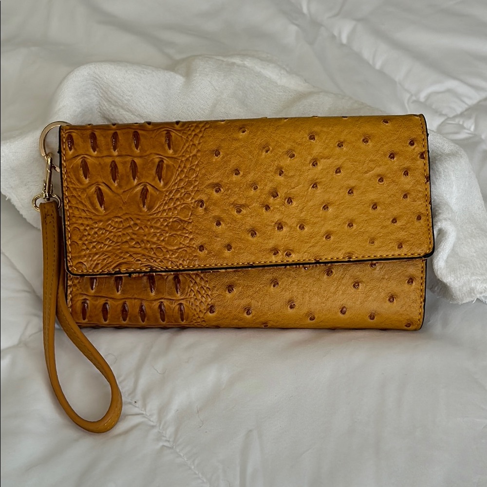 Faux, alligator leather, clutch wallet purse , yellow and brown